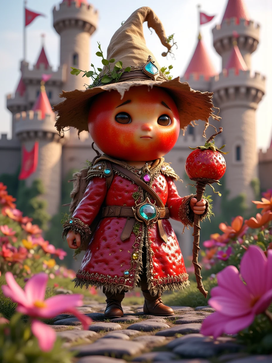 Extra Long Shot,  wears a gorgeous princess costume ， The background is a beautiful garden castle ， The background is a beautiful garden castle 。 The sun shines on the castle tower ， The face is sweet and moving 。 Holding a delicate fan ， The fan is decorated with flowers 。 ， The character has gentle eyes ， A strawberry with human-like characteristics ， to create a romantic 、Fairytale atmosphere。 The pink flowers surround the castle 、 {x} The background is a beautiful garden castle {x} x} The red color and fantastic light make this character full of charm，Gentle personality 。Realism，photography，Blind Box，Disney，3D Rendering，C4D，OC Renderer，Full body portrait