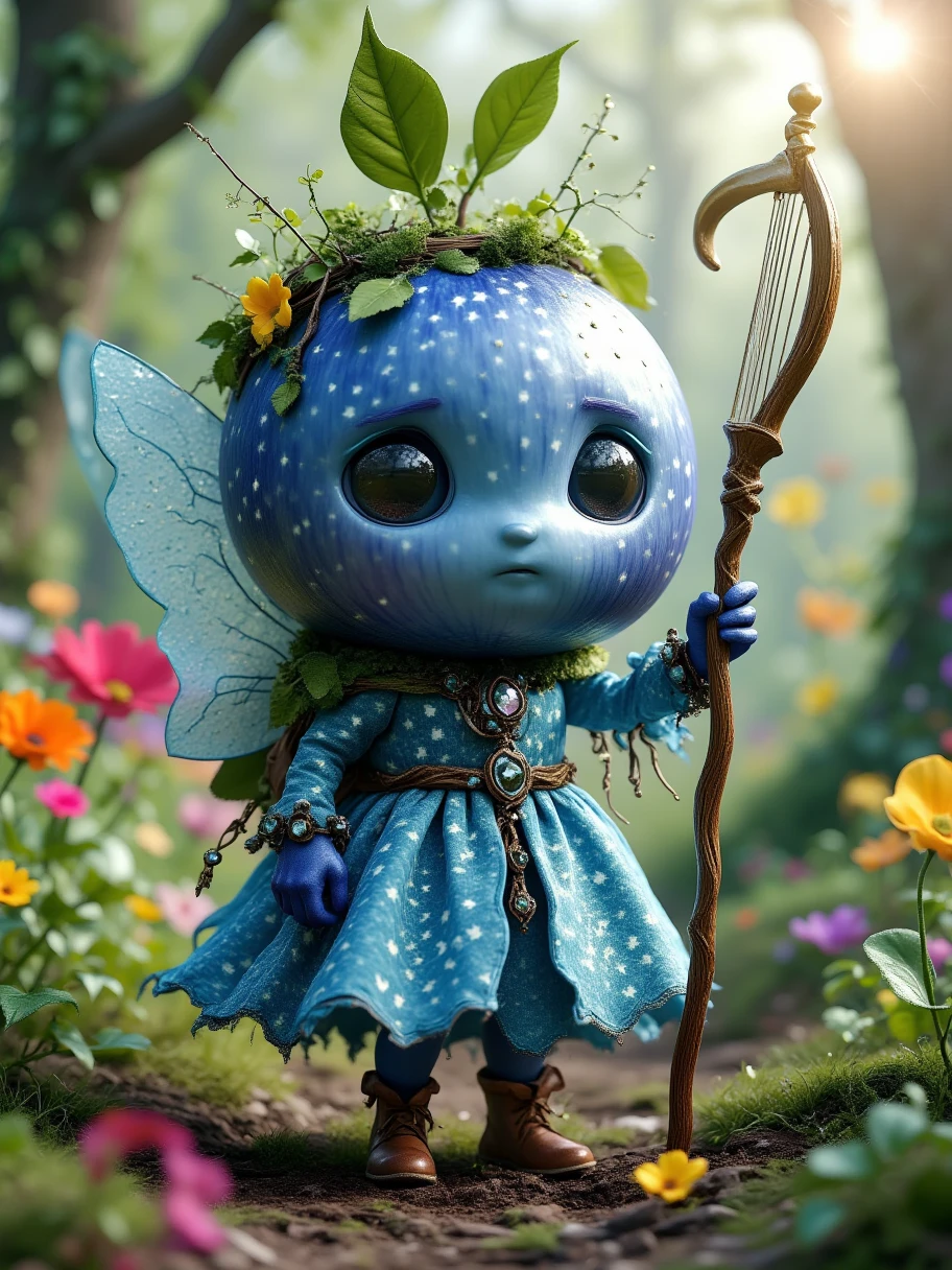 Extra Long Shot,  A blueberry with human characteristics ， wears a dynamic fairy costume ， including a small wreath and a light blue yarn dress 。 The character has bright eyes ，The expression is lively and cute。 with a magic harp ， the body shines blue 。 The background is a beautiful forest garden ， colorful flowers blooming ，Soft sunlight shines down， creates a dreamy 、 A flowery atmosphere 。 The grainy texture on the blueberry surface 、 blue and blue yarn dress {x} The fantastic light energizes this character，Playful 。Realism，photography，Blind Box，Disney，3D Rendering，C4D，OC Renderer，Full body portrait