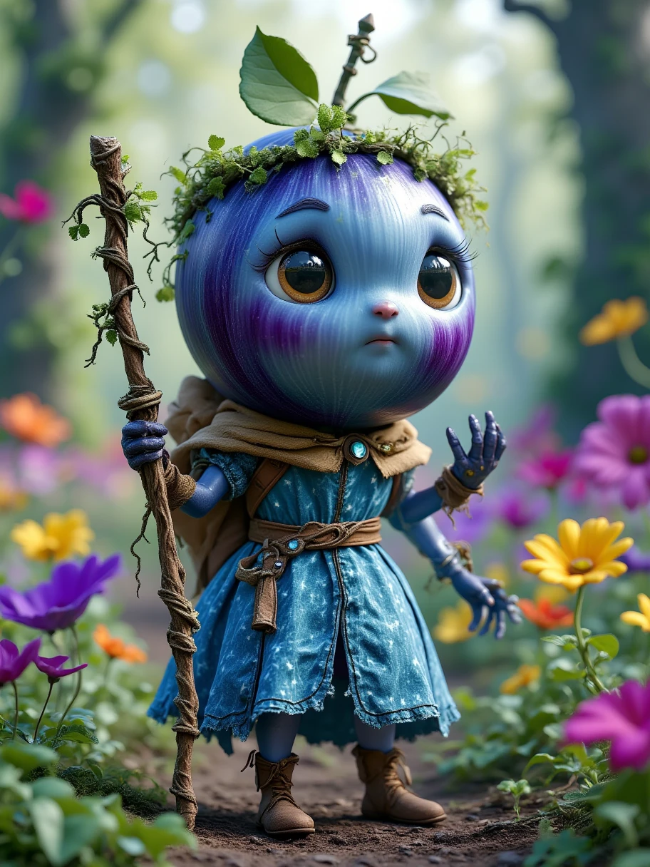 Extra Long Shot,  A blueberry with human characteristics ， wears a dynamic fairy costume ， including a small wreath and a light blue yarn dress 。 The character has bright eyes ，The expression is lively and cute。 with a magic harp ， the body shines blue 。 The background is a beautiful forest garden ， colorful flowers blooming ，Soft sunlight shines down， creates a dreamy 、 A flowery atmosphere 。 The grainy texture on the blueberry surface 、 blue and blue yarn dress {x} The fantastic light energizes this character，Playful 。Realism，photography，Blind Box，Disney，3D Rendering，C4D，OC Renderer，Full body portrait