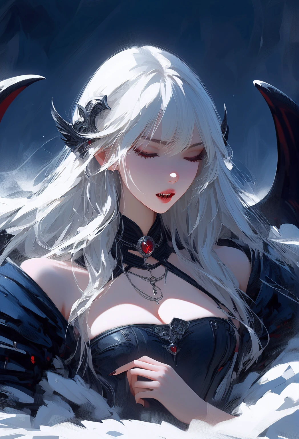 Black and white and blue and red,(highest quality, Super detailed, High resolution, Highly detailed CG),Wide Shot,Dead angels standing on the edge of a cliff,She is very beautiful,She loves blood and the sea,Rain of blood, Mysterious,Enthusiastic, complicated, Surreal,delicate Holding a sword Gray Hair