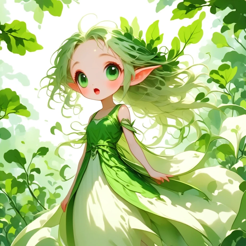 (masterpiece, best quality:1.2), Chibi cute, 1 daikon lady, elven lady, solo, face shot, close-up of face, Looking up at the sky, surprised expression with open mouth, Green big eyes, Green leaves long hair, bangs, pointy ears, pure white skin, wearing green camisole one-piece long dress over white short sleeve T-shirt