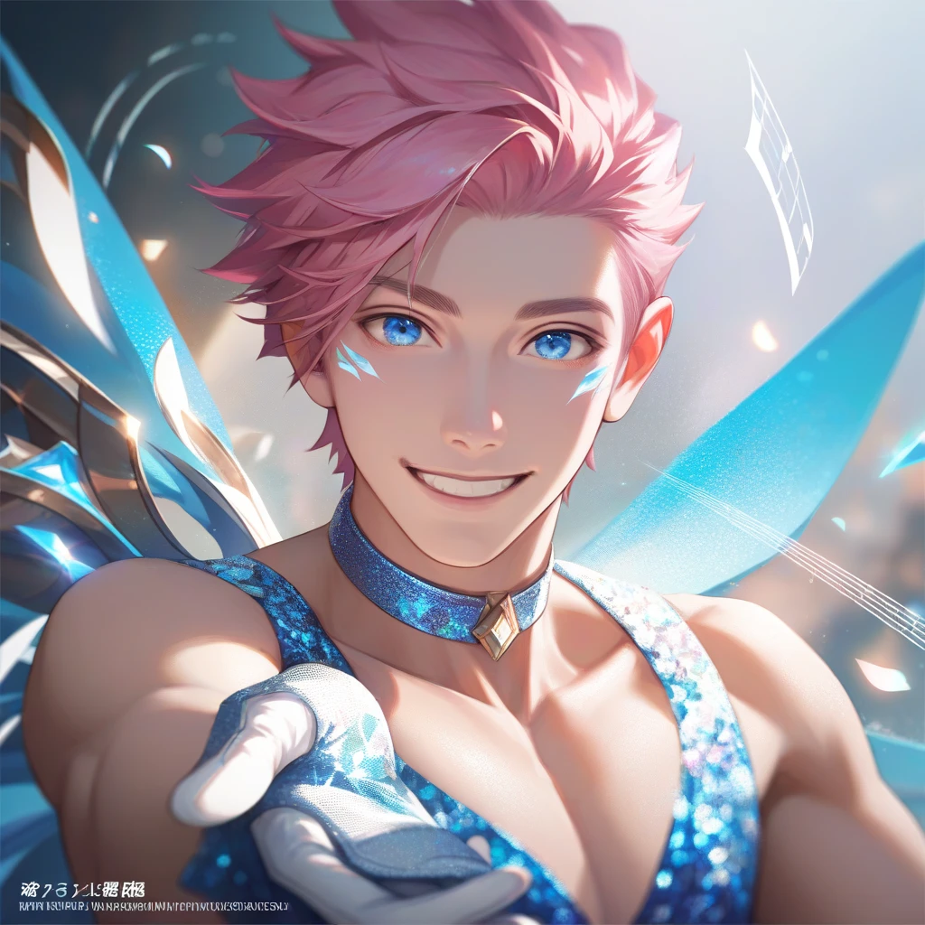 ultra detailed, master piece, best quality, cinematic angle, focus male, detailed eyes, detailed hands, white skin male, young male, whole body, muscle, pink hair, expressive light blue eyes, shirtless, pale blue musical note, pale blue glitter, white choker, white gloves, smile, white thong, posing, bulge, looking at viewer, five-fingered hand