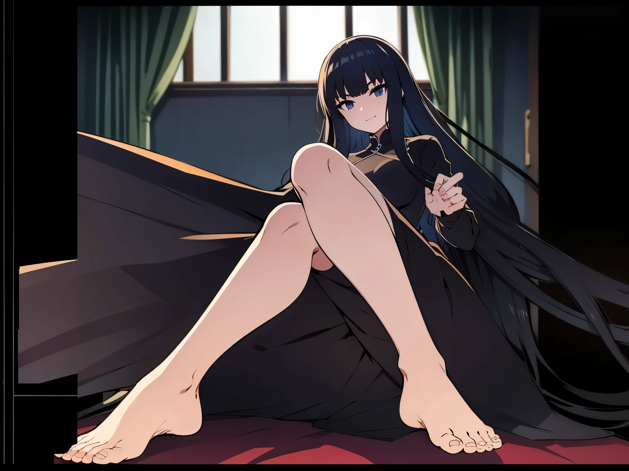 indoor, in chinnese room, from side, anime style, 1femail, ultra high res, Best quality, ultra detailed, evil smile, angry, wearing (black china dress), bare foot, sitting on bed, up leg, break ideal ratio body proportions, clear detailed face, high nose(1:2), large mouth, break a strong female character with broad shoulders, straight long hair, 8k, masterpiece, dark eyelashes, black eyes,