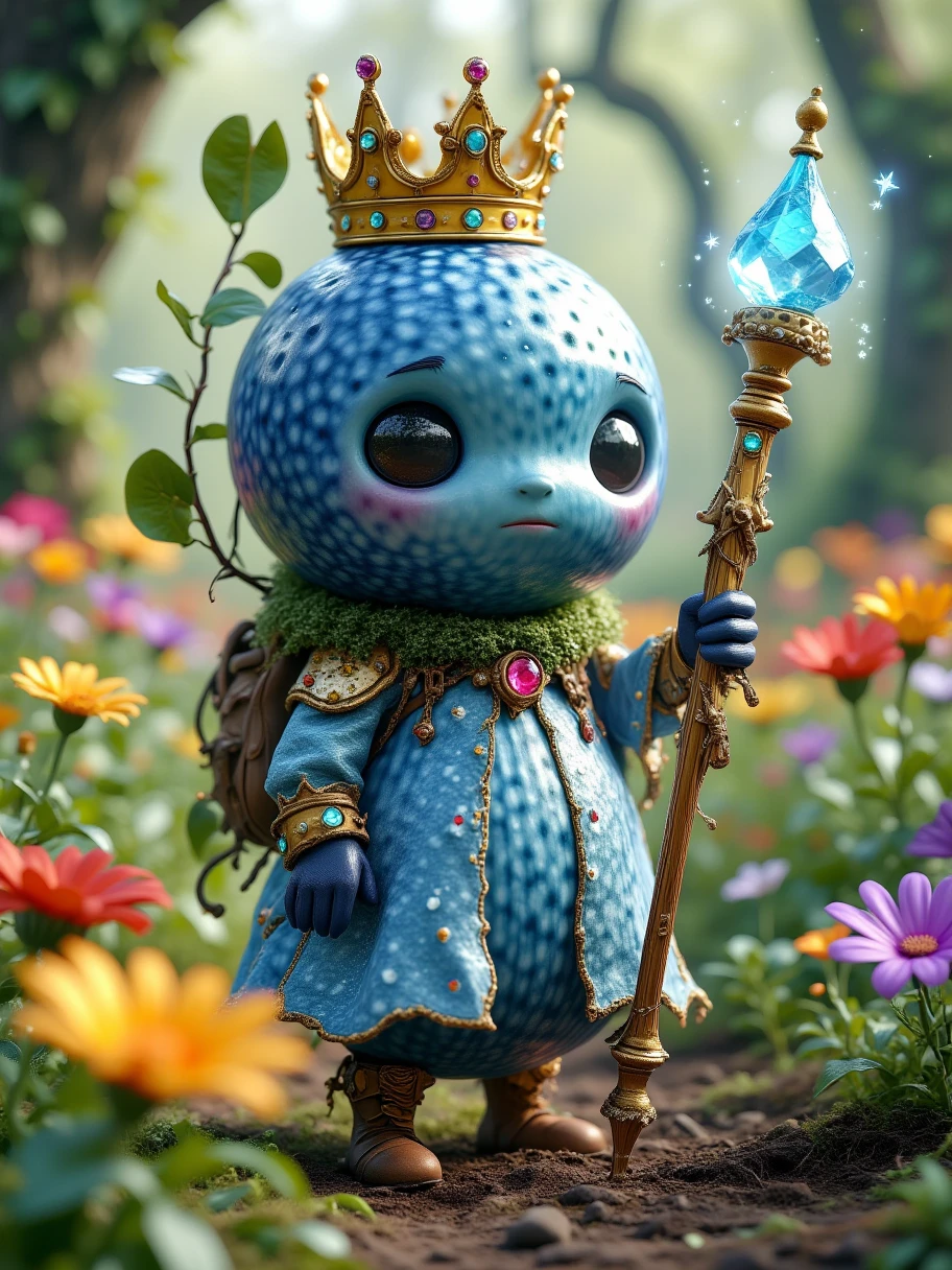 Extra Long Shot,  A blueberry with human characteristics ， wears a dynamic fairy costume ， including a small wreath and a light blue yarn dress 。 The character has bright eyes ，The expression is lively and cute。 with a magic harp ， the body shines blue 。 The background is a beautiful forest garden ， colorful flowers blooming ，Soft sunlight shines down， creates a dreamy 、 A flowery atmosphere 。 The grainy texture on the blueberry surface 、 blue and blue yarn dress {x} The fantastic light energizes this character，Playful 。Realism，photography，Blind Box，Disney，3D Rendering，C4D，OC Renderer，Full body portrait