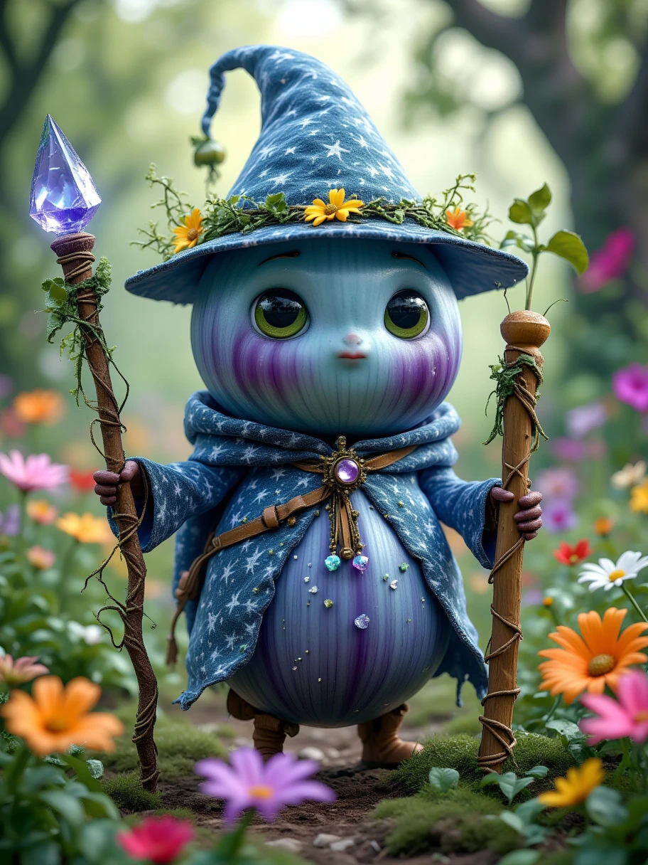 Extra Long Shot,  A blueberry with human characteristics ， wears a dynamic fairy costume ， including a small wreath and a light blue yarn dress 。 The character has bright eyes ，The expression is lively and cute。 with a magic harp ， the body shines blue 。 The background is a beautiful forest garden ， colorful flowers blooming ，Soft sunlight shines down， creates a dreamy 、 A flowery atmosphere 。 The grainy texture on the blueberry surface 、 blue and blue yarn dress {x} The fantastic light energizes this character，Playful 。Realism，photography，Blind Box，Disney，3D Rendering，C4D，OC Renderer，Full body portrait