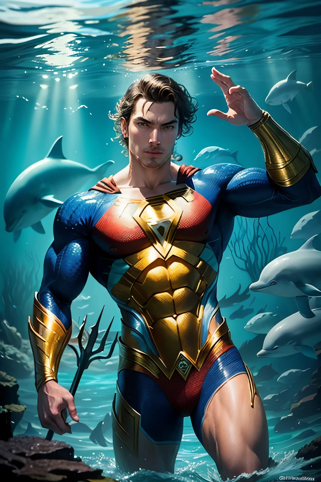 ((Extremely detailed CG unity8k wallpaper)|game_cg|masterpiece|best quality|illustration| {High resolution}|fine painting|aesthetic painting|high detail, beautiful and detailed eyes, detailed face, detailed skin, A handsome Chinese guy, this young and handsome male model, standing in the sea, his whole body soaked with sweat, his short hair gently swaying in the sea breeze. His abs are solid and powerful, as if he can burst out with amazing power at any time. His chest hair shone golden in the sun. He wears a simple thong, showing off the perfect golden ratio figure, The covered by the thong looms. His facial features are delicate and perfect. In this picture, the tall figure of the male model is complemented by the soft and warm sand, which arouses people's imagination, is fascinating, and makes people linger. --auto --s2