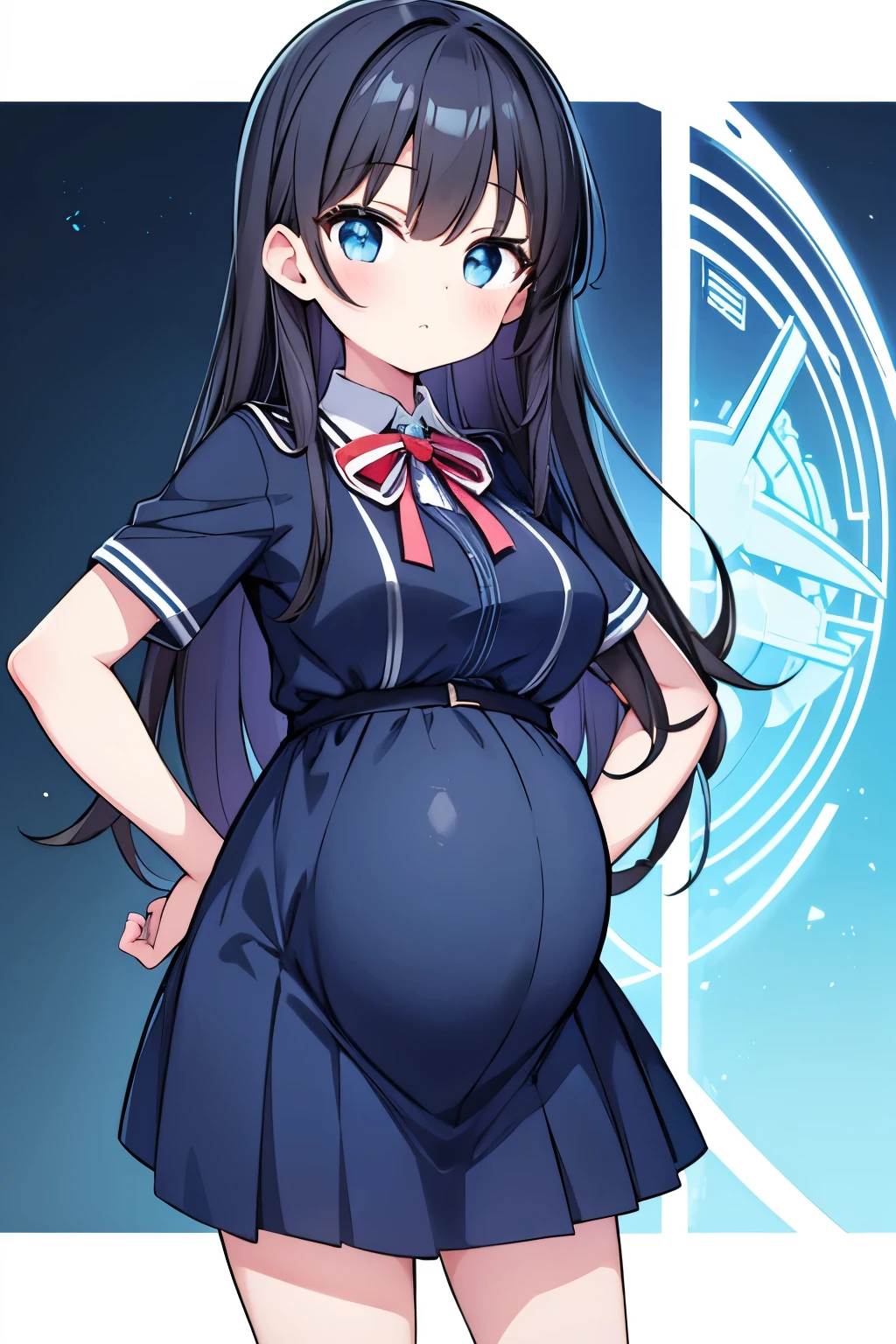 (high quality), 1girl, young girl, long dark hair, (pregnant), uniform, skirt, standing, (/blue archive anime) (blue archive character) (comfortable expressions, detailed eyes, facing at front)