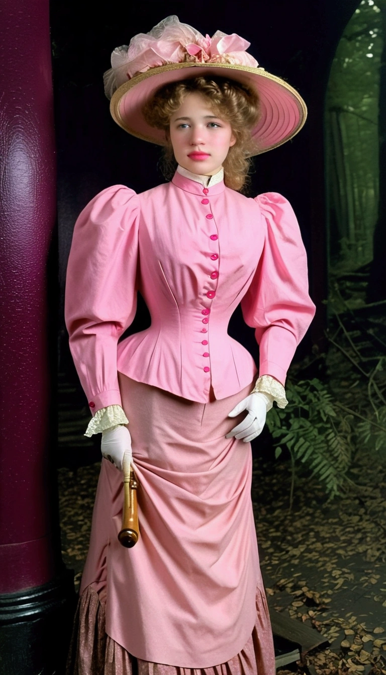 Sexy 12yo Gibson Girl of the Edwardian era. Wearing her (((pink 1900_dr3ss:1.5))). High-collar long sleeve shirtwaist tucked into floor-length skirt, waistband, wide-brimmed picture hat. (((Full body))). 9-inch Wasp waist, bubble butt sticking out. Full body. Honey blonde hair . Forest setting 