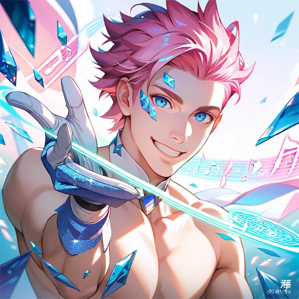 ultra detailed, master piece, best quality, cinematic angle, focus male, detailed eyes, detailed hands, white skin male, young male, whole body, muscle, pink hair, expressive light blue eyes, shirtless, pale blue musical note, pale blue glitter, white choker, white gloves, smile, white thong, posing, bulge, looking at viewer, five-fingered hand