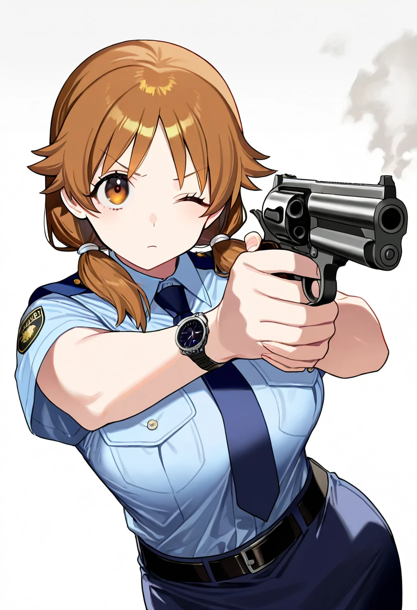 revolver, 1girl, one eye closed, brown hair, breasts, brown eyes, twintails, large breasts, medium hair, wing collar, necktie, shirt, watch, short sleeves, belt, collared shirt, looking at viewer, looking afar, standing, m1911, military, solo, holding, aiming, firing, aiming at viewer, upper body, simple background, white background, katagiri sanae, gun, weapon, policewoman, police uniform, handgun, holding gun, blue necktie, blue shirt, holding weapon, closed mouth, wristwatch, pocket, breast pocket, sfw, masterpiece, best quality, very aesthetic, absurdres