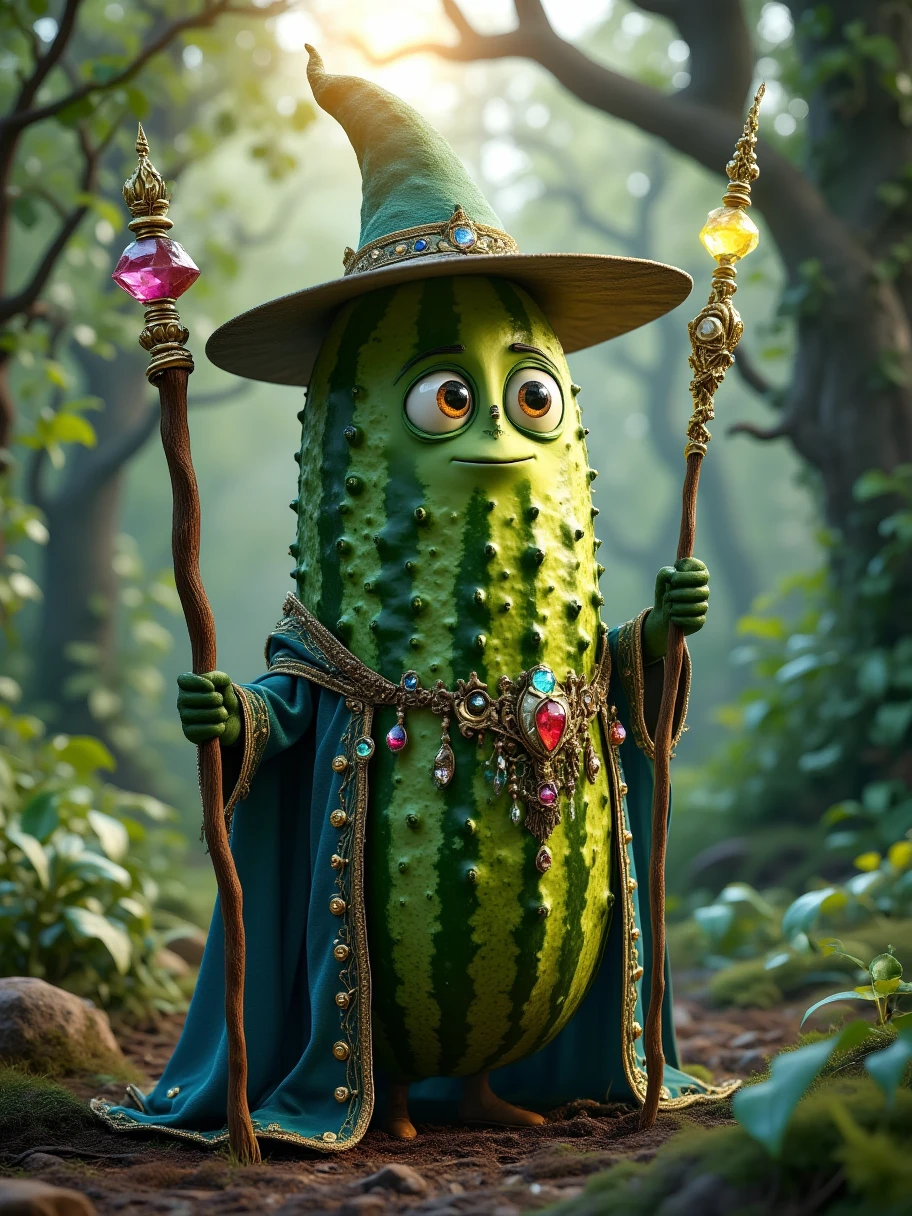 Extra Long Shot, avocado，一只具有类人特征的avocado， wears a mysterious wizard costume ， including a deep {x} A green magic hat and a robe with intricate runes。 The character has deep eyes ，As if it contains endless wisdom 。 with a magic wand inlaid with mystical gemstones ， The head of the cane emits a strange light 。 The background is an ancient rainforest ， tall trees shielding the sky ， The sun shines through the gaps in the leaves ， creates a mysterious and humid atmosphere 。avocado表皮的粗糙纹理、 The unique color and fantastic light make this character full of mystery ，Calm personality。Realism，photography，Blind Box，Disney，3D Rendering，C4D，OC Renderer，Full body portrait