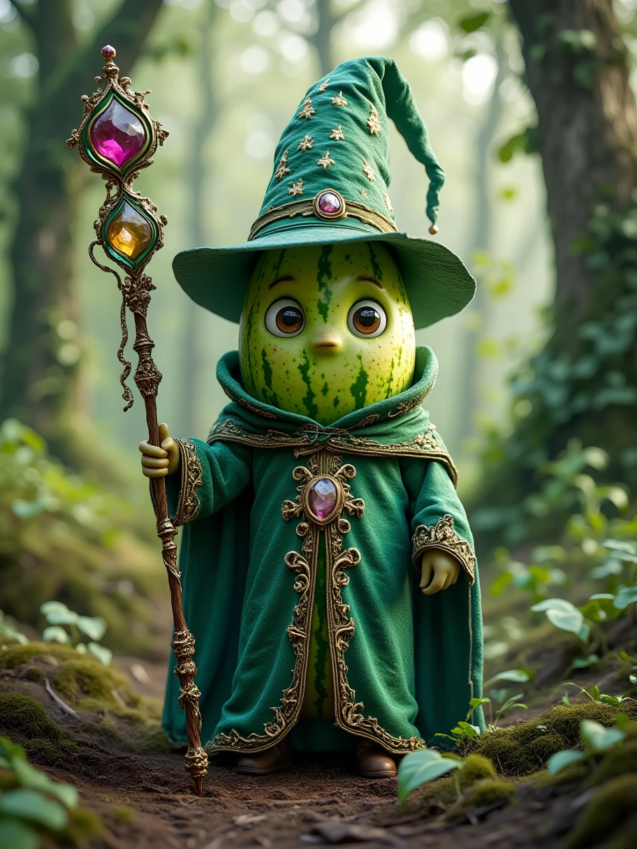 Extra Long Shot, avocado，一只具有类人特征的avocado， wears a mysterious wizard costume ， including a deep {x} A green magic hat and a robe with intricate runes。 The character has deep eyes ，As if it contains endless wisdom 。 with a magic wand inlaid with mystical gemstones ， The head of the cane emits a strange light 。 The background is an ancient rainforest ， tall trees shielding the sky ， The sun shines through the gaps in the leaves ， creates a mysterious and humid atmosphere 。avocado表皮的粗糙纹理、 The unique color and fantastic light make this character full of mystery ，Calm personality。Realism，photography，Blind Box，Disney，3D Rendering，C4D，OC Renderer，Full body portrait