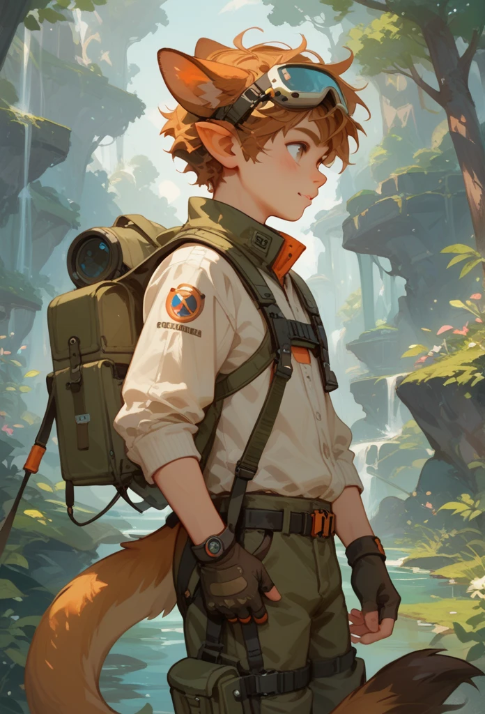 Side shot, young man, wold ears and tail, adventure gear.