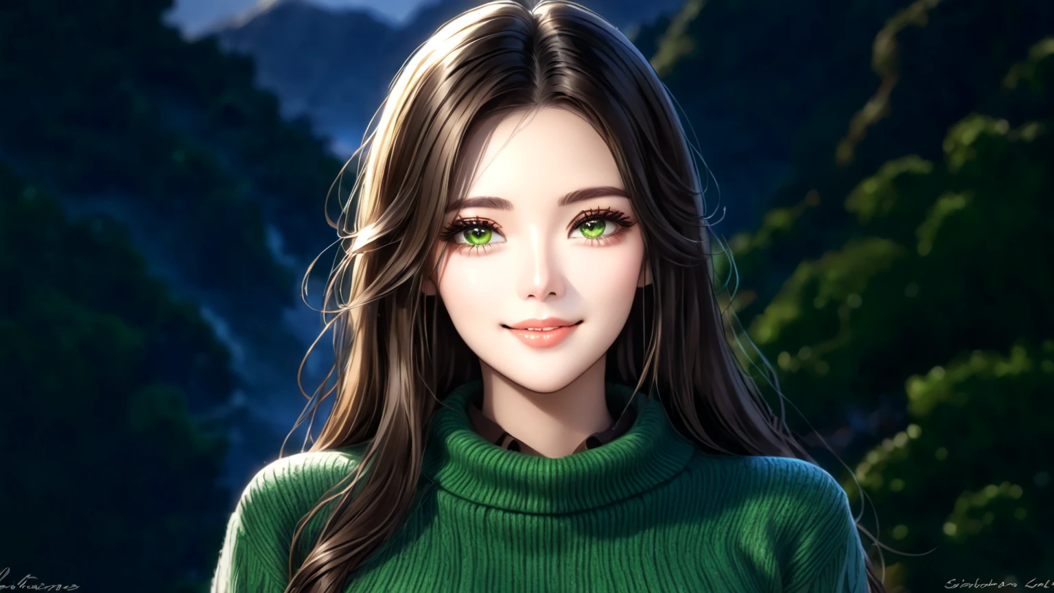 一幅令人惊叹的高分辨率portrait杰作， depicts a beautiful, detailed girl with long hair , Shiny brown hair and stunning green eyes,  portrait，Wear a cozy sweater， shows a bright smile ，Highlights her big and perfect breasts .