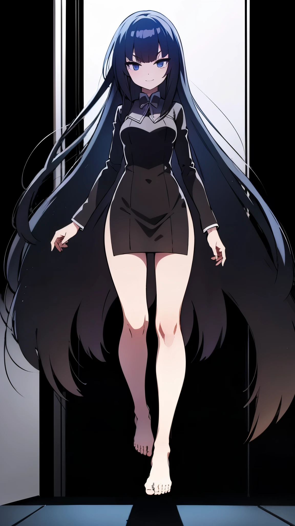 indoor, in chinnese room,  anime style, 1femail, ultra high res, Best quality, ultra detailed, evil smile, angry, wearing (black china dress), bare foot, looking back, break ideal ratio body proportions, clear detailed face, high nose(1:2), large mouth, break a strong female character with broad shoulders, straight long hair, 8k, masterpiece, dark eyelashes, black eyes,