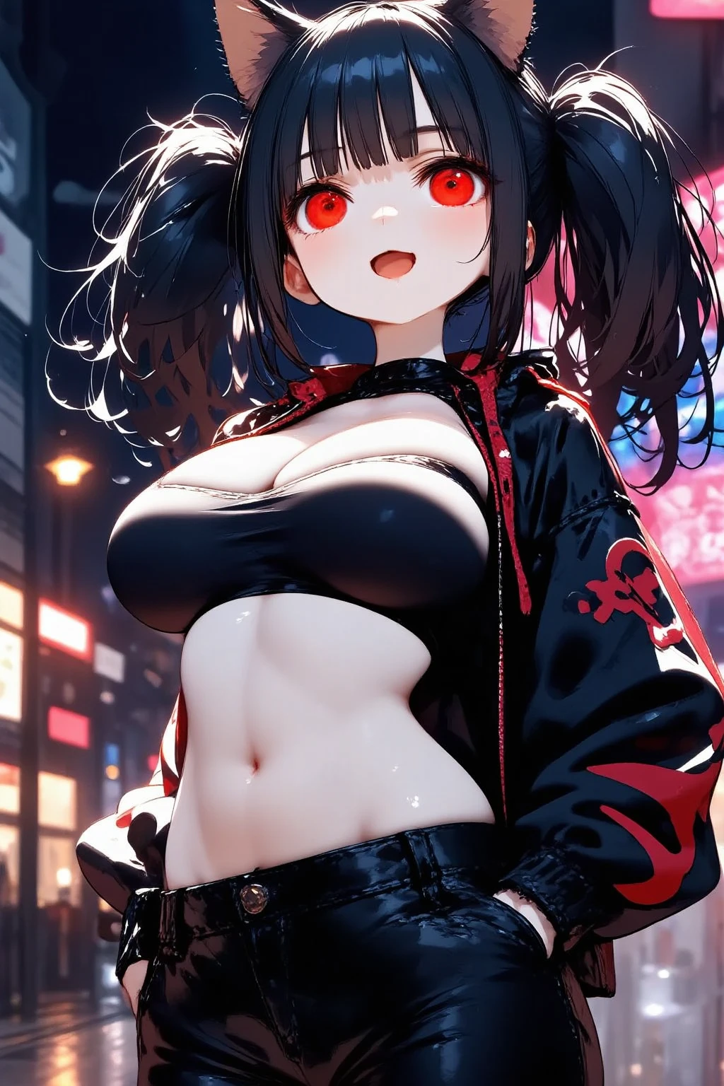 1girl\(cute,kawaii, charming, fascinating, bewitching, evil smile, big smirk, fang, black hair, long hair, twin tails hair, pale skin, white skin, red eyes, eyes shining, big eyes, big breast, perky breast, punk fashion, ripped clothes, tight tube top, tight hot pants, stomach shown, ripped black short jacket, fluffy black cat-ear, spiral eyes, bang, hands in pocket\), background\(outside, noisy city, backstreet, narrow street, neon lights, at midnight\),3d render, portraits, bust-up shot, from above, niji style, slight abdominal muscles,very close up of face,,zoom up girl, great focus, great bokeh