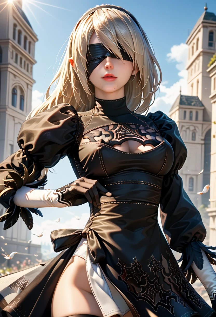 (Masterpiece, nier automata 2B, with black blindfold on,standing in a beautiful pose: 1.5) (Best Quality, cinematic lighting: 1.5), Perfect Eyes, Perfect Face, Volumetric Lighting, sunlit atmosphere cinematic presentation,slight frills, Black Stockings, Seductive, background is a romantic nighttime cathedral setting, Super Close Shot, Very accentuated hourglass figure, (Inner Flesh: 0.5), (Nipple Protrusion: 0.5) akin is greasy. Goose bumps woman fighting, strong, wearing a sword , warrior, hair in the wind, big boobs, laufen, elf ears, long hair