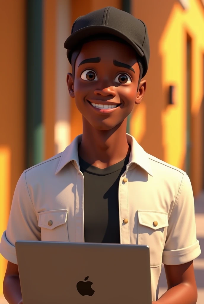 Un personnage pixar d'origine africaine. Un homme de 27 ans. Il a les cheveux noirs court avec les yeux noirs. Il porte une chemise blanche à boutons ouvert et dessous un t-shirt noir avec une casquette noire. Il est beau et souriant. Il a un ordinateur MacBook en main.