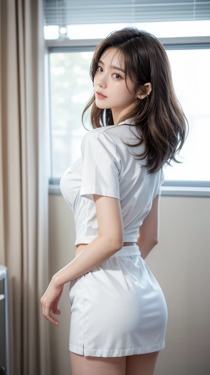 1 Girl,(Wearing white nurse clothes:1.2),(RAW Photos, Highest quality), (Realistic, photo-Realistic:1.4), masterpiece, Very delicate and beautiful, Very detailed, 2k wallpaper, wonderful, finely, Very detailed CG unity 8k wallpaper, Very detailedな, High resolution, Soft Light, Beautiful detailed girl, Very detailed eyes and face, Beautiful and detailed nose, finely beautiful eyes, nurse, Perfect Anatomy, Black Hair, Upstyle, nurse uniform, ((nurse cap)), Long skirt, nurse, White costume, thin, hospital, clear, White Uniform, hospital room, Neck auscultation,Close your face,Upper Body Shot