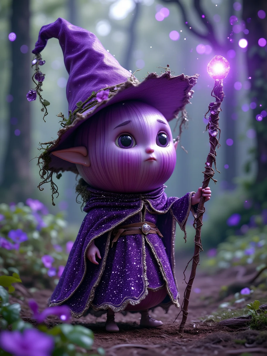 Extra Long Shot, A mangosteen with humanoid features，Wearing a set of smart elf costumes，Including a purple crown and a gauze skirt as thin as a cicada's wing。The character has a pair of gentle eyes，The expression is pure and kind。Holding a magic wand，The wand head is shining with purple light。The background is a beautiful deep forest，Colorful flowers are blooming，Birds are singing on the branches，The afterglow of the sunset is sprinkled on the green grass，Creates a dreamy atmosphere。The purple texture of the mangosteen's skin、The round shape and magical light make this character full of charm，Gentle personality 。Realism，photography，Blind Box，Disney，3D Rendering，C4D，OC Renderer，Full body portrait