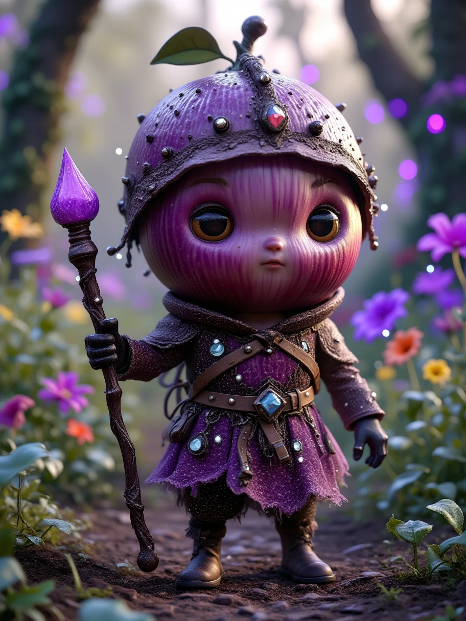 Extra Long Shot, A mangosteen with humanoid features，Wearing a set of smart elf costumes，Including a purple crown and a gauze skirt as thin as a cicada's wing。The character has a pair of gentle eyes，The expression is pure and kind。Holding a magic wand，The wand head is shining with purple light。The background is a beautiful deep forest，Colorful flowers are blooming，Birds are singing on the branches，The afterglow of the sunset is sprinkled on the green grass，Creates a dreamy atmosphere。The purple texture of the mangosteen's skin、The round shape and magical light make this character full of charm，Gentle personality 。Realism，photography，Blind Box，Disney，3D Rendering，C4D，OC Renderer，Full body portrait