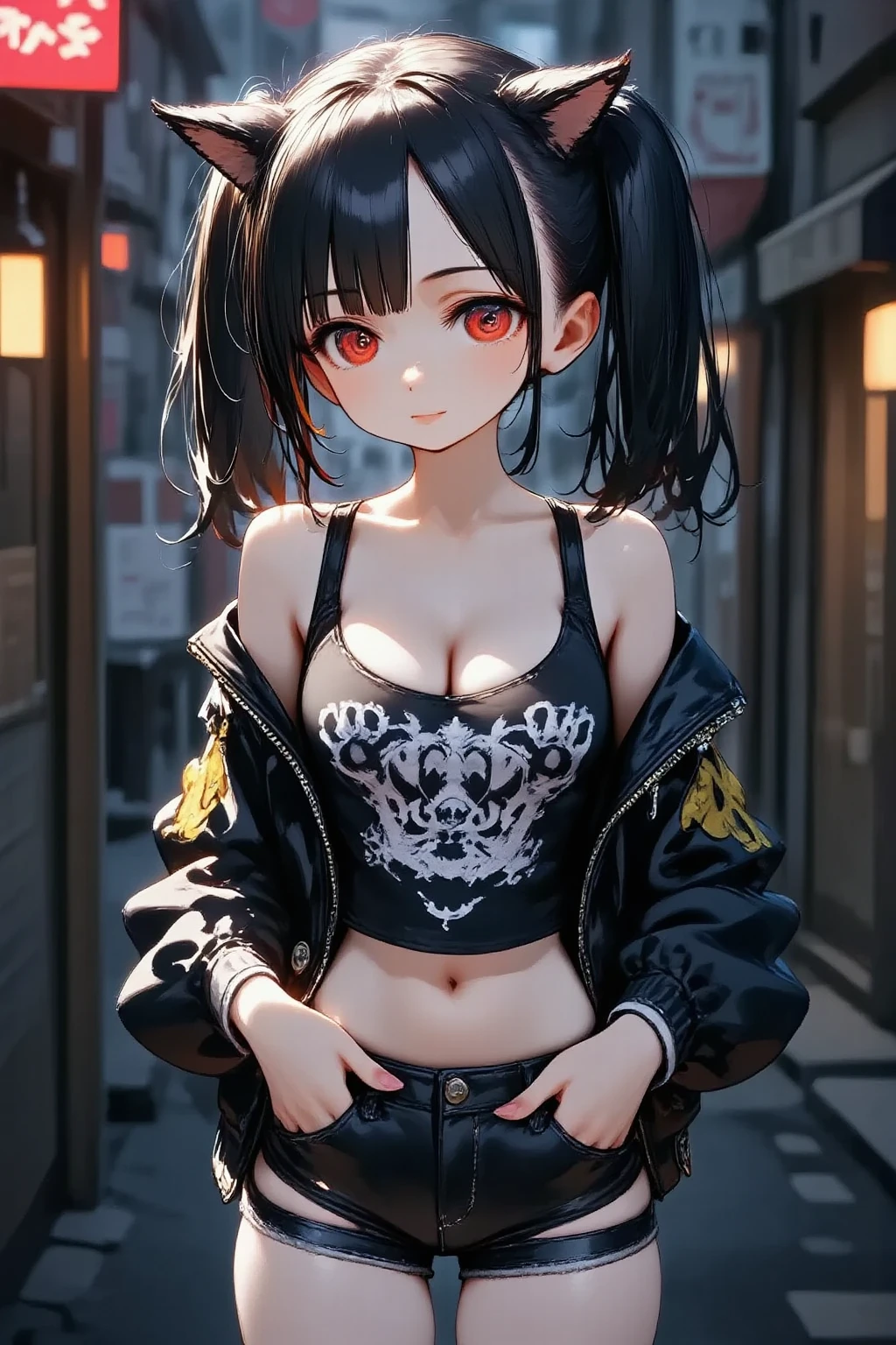 1girl\(cute,kawaii, charming, fascinating, bewitching, evil smile, smirk, open mouth, tongue, fang, black hair, long hair, twin tails hair, pale skin, white skin, red eyes, eyes shining, big eyes, big breast, perky breast, punk fashion, ripped clothes, tight tube top, tight hot pants, stomach shown, ripped black short jacket, fluffy black cat-ear, spiral eyes, bang, hands in pocket\), background\(outside, noisy city, backstreet, narrow street, neon lights, at midnight\),3d render, portraits, bust-up shot, from above, niji style, slight abdominal muscles,very close up of face,,zoom up girl, great focus, great bokeh