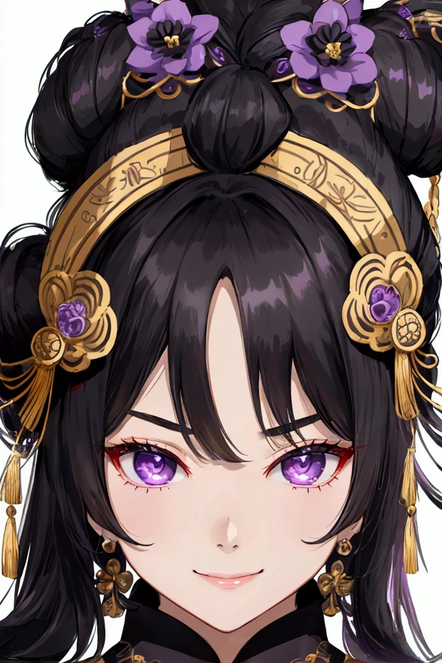 Close-up, the subject is a female with black hair and purple eyes. She is wearing a black Chinese dress with a hairpin as an accessory. She has an ample chest, slim long legs, and a small waist. Her eyes are big and almond-shaped, and she has heart-shaped red lips. She has a high-bridged nose and smooth, fair skin. Her long hair is a masterpiece.