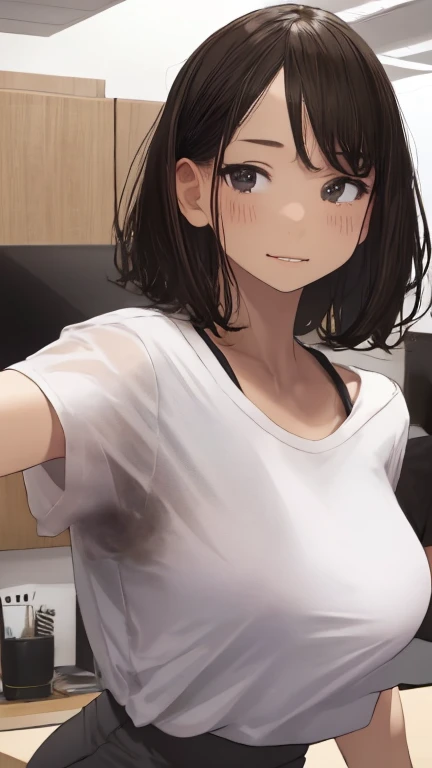 NSFW、(8k、  Max Image 、  best quality 、 Realistic、 Masterpiece )、 detailed face 、 1 girl、  black hair、 bob cut 、 wavy hair、smile、(( Big Breasts ))、 cleavage、(( white t-shirt ))、(( pencil skirt))、 shot from the front、 cowboy shooting、 office、sweat、((Body odor))