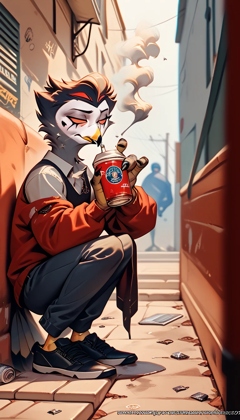 Depressive Stolas,messy hair,drinking,alcoholic,look tired,dirty clothes,smoking,depression, fur-trimm,bird furry,dark appartement background 