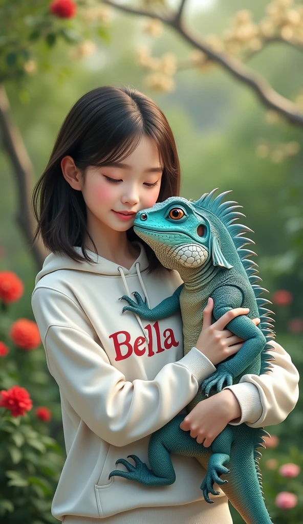 a Taiwanese woman, beautiful, cute, straight black and brown hair, wearing a white hoodie that says "BELLA" she is hugging a big IGUANA with soft blue fur, in the background in the garden behind.