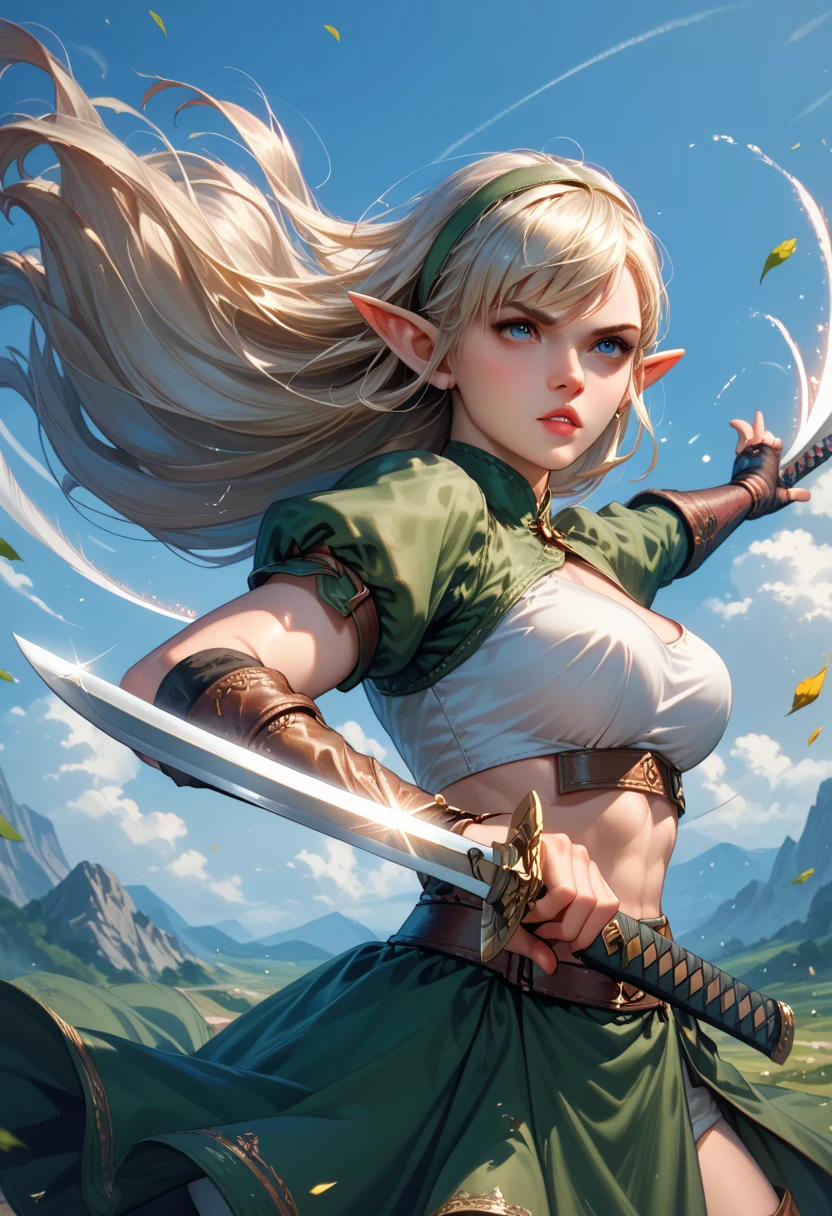 woman fighting, strong, wearing a sword , warrior, hair in the wind, big boobs, laufen, elf ears, long hair