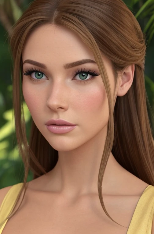 a Jane Porter from Disney's Tarzan with Light brown hair down to the waist, very fair skin, realistic shaded perfect body, long brown hair and large blue eyes, beautiful blonde girl, blonde woman, art 4 k, realistic digital art 4k, bimbo body, Perfect nose, full lips, flawless makeup, eye shadow makeup, portrait, full body view,moaning expression, looking at me, big breasts