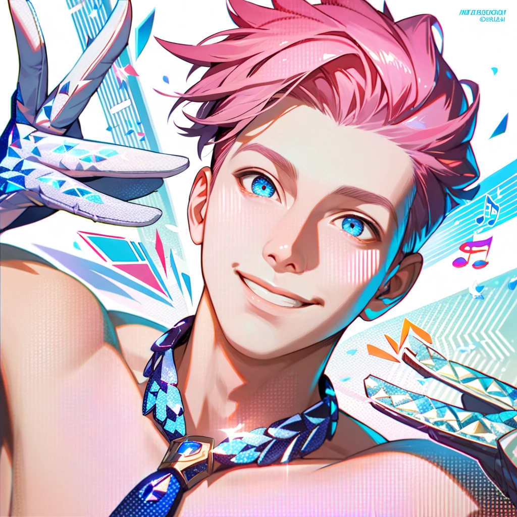 ultra detailed, master piece, best quality, cinematic angle, focus male, detailed eyes, detailed hands, white skin male, young male, whole body, muscle, pink hair, expressive light blue eyes, shirtless, pale blue musical note, pale blue glitter, white choker, white gloves, smile, white thong, posing, bulge, looking at viewer, five-fingered hand, Georgian England background