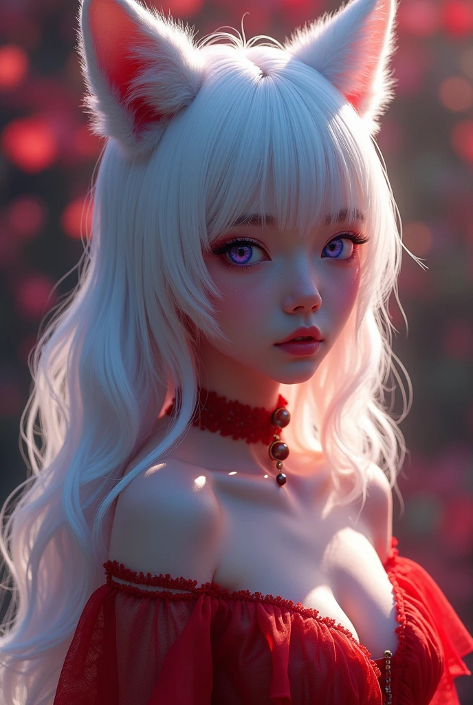 (masterpiece, Best Quality), intricate details, realist, photorealist, Full Body Portrait, Instagram Photo of a woman wearing aretes, Mary R., inspired by Emma Andijewska, wrapped in crystals,(masterpiece:1.3), (Best Quality:1.3), (Ultra-detailed:1.2), ((kawaii)), Cute, (lovely), ((sexy)), ((Extremely detailed)), 4K, (8K), Best Quality, (Beautiful), Illustration, anime style, (bold line:1.2), Gradation,(best quality, ultra-detailed, photorealistic: 1.39), bright and vibrant colors, studio lighting, (Perfect eyes:1.2), (Perfect iris:1.2), romantic kawaii expression, cute delicate smile, kawaii makeup, 17-year-old e-girl, short red dress, platinum braided and curl white hair, cat ears, big breasts, fit, long wavy hair, mercenary, Mary R.