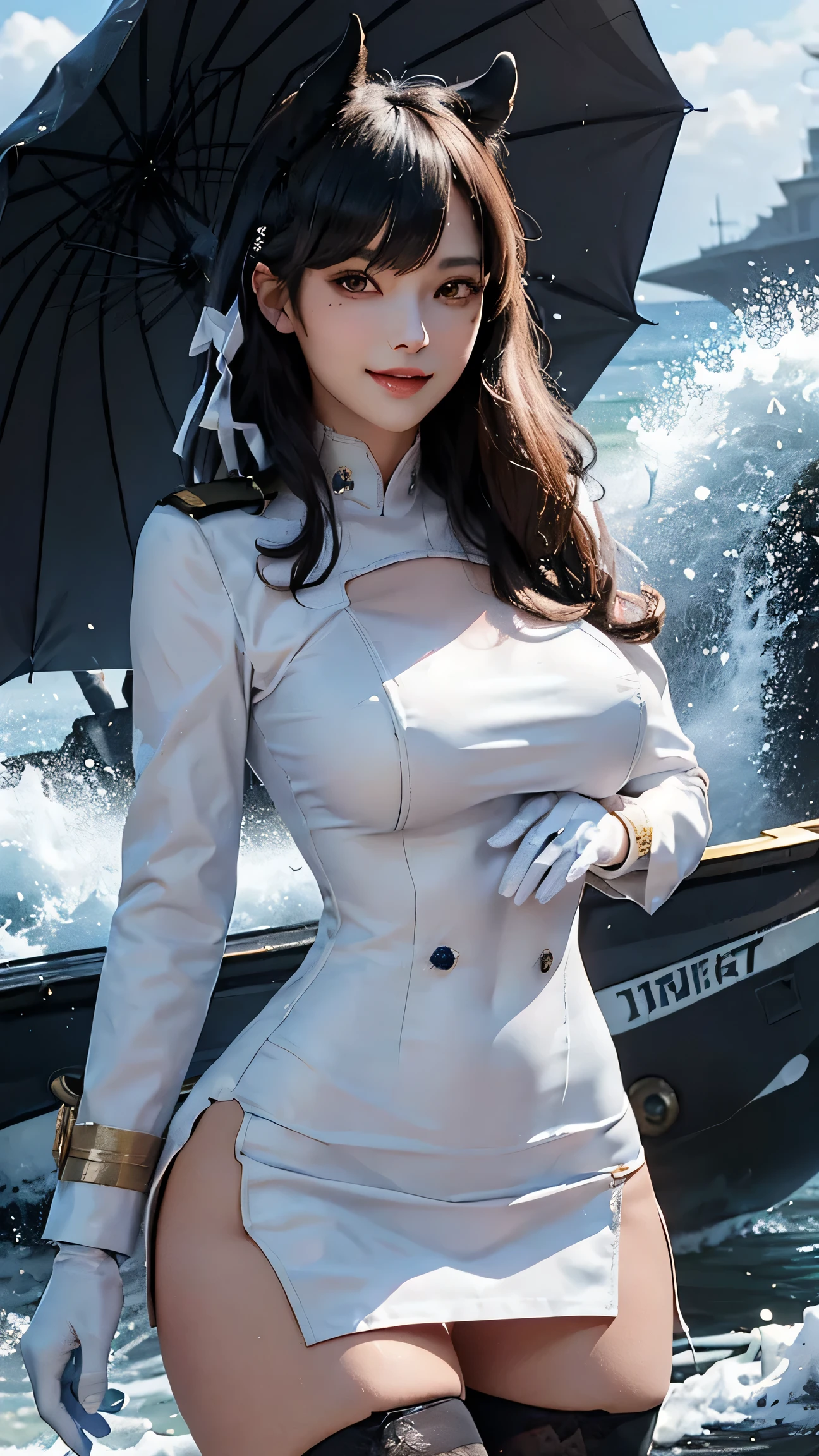 Atago,(best qualityer,4K,8k,high resolution,work of art:1.2)(weather: midday), Mondstadt port background, battleships, white navy captain jacket, white tight mini skirt, white gloves, black stockings, horse ears, cheek mole, long straight hair, dark hair, ultra detailed, realistic,portraite,beautiful detailed honey eyes, glowing eyes,blush,beautiful detailed lips,extremely detailed eye and face, long eyelashes,sexly,average, large breasts,beaming smile, sexy smile,powerful girl, sexy pose, stunning curves,bright coloured,dramatic lighting,