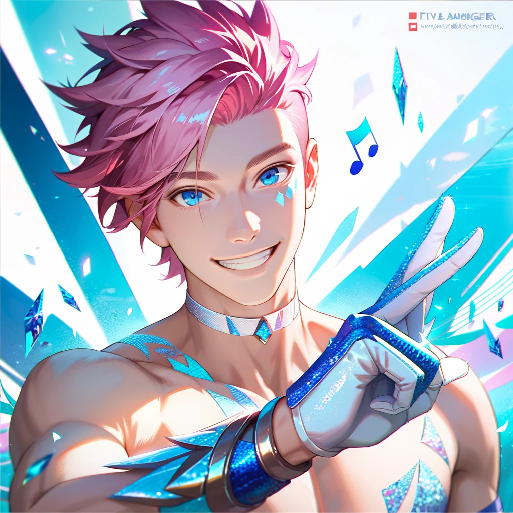 ultra detailed, master piece, best quality, cinematic angle, focus male, detailed eyes, detailed hands, white skin male, young male, whole body, muscle, pink hair, expressive light blue eyes, shirtless, pale blue musical note, pale blue glitter, white choker, white gloves, smile, white thong, posing, bulge, looking at viewer, five-fingered hand