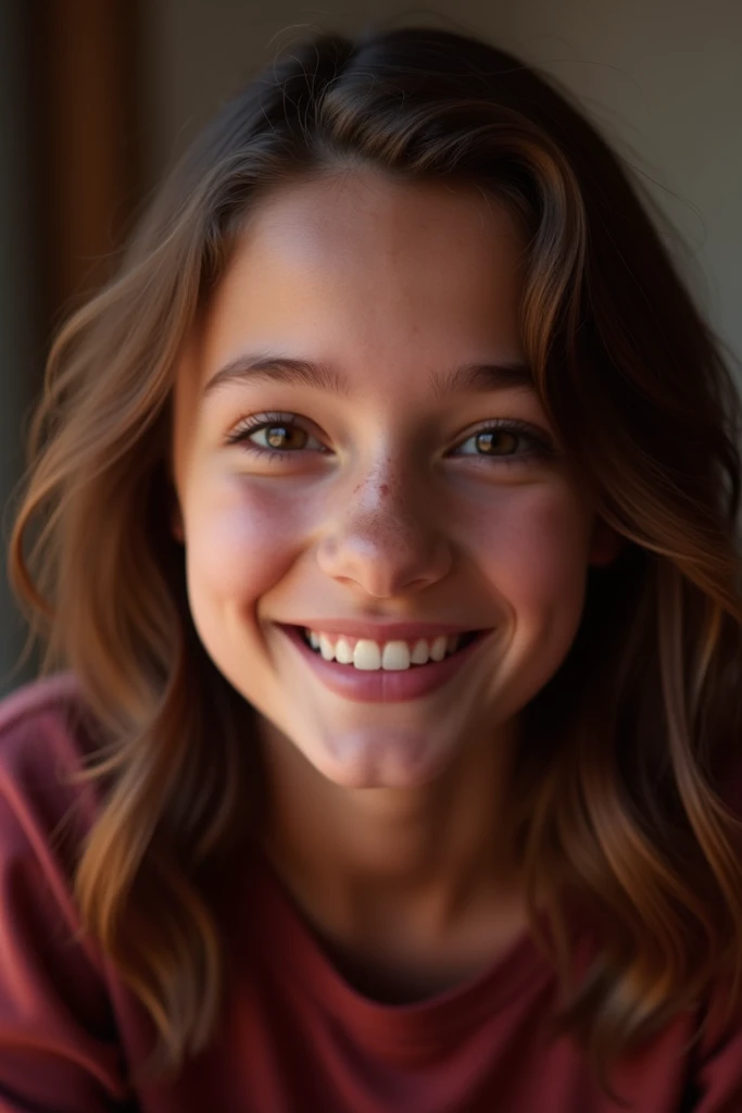 photo of a real girl., smile, brown hair, light waves in the hair, freckles, ultra realistic, highly detailed, intricate, photorealistic, sharp focus style photography in the eyes, cinematic lighting, (((1 girl)), backyard background