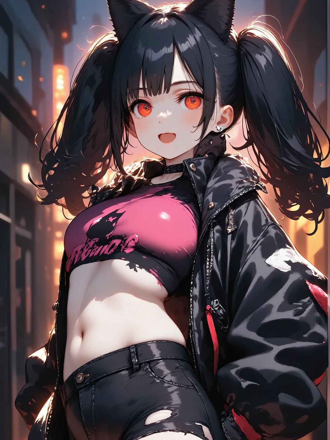 1girl\(cute,kawaii, charming, fascinating, bewitching, evil smile, big smirk, fang, black hair, long hair, twin tails hair, pale skin, white skin, red eyes, eyes shining, big eyes, big breast, perky breast, punk fashion, ripped clothes, tight tube top, tight hot pants, stomach shown, ripped black short jacket, fluffy black cat-ear, spiral eyes, bang, hands in pocket\), background\(outside, noisy city, backstreet, narrow street, neon lights, at midnight\),3d render, portraits, bust-up shot, from above, niji style, slight abdominal muscles,very close up of face,,zoom up girl, great focus, great bokeh,dynamic camera angle