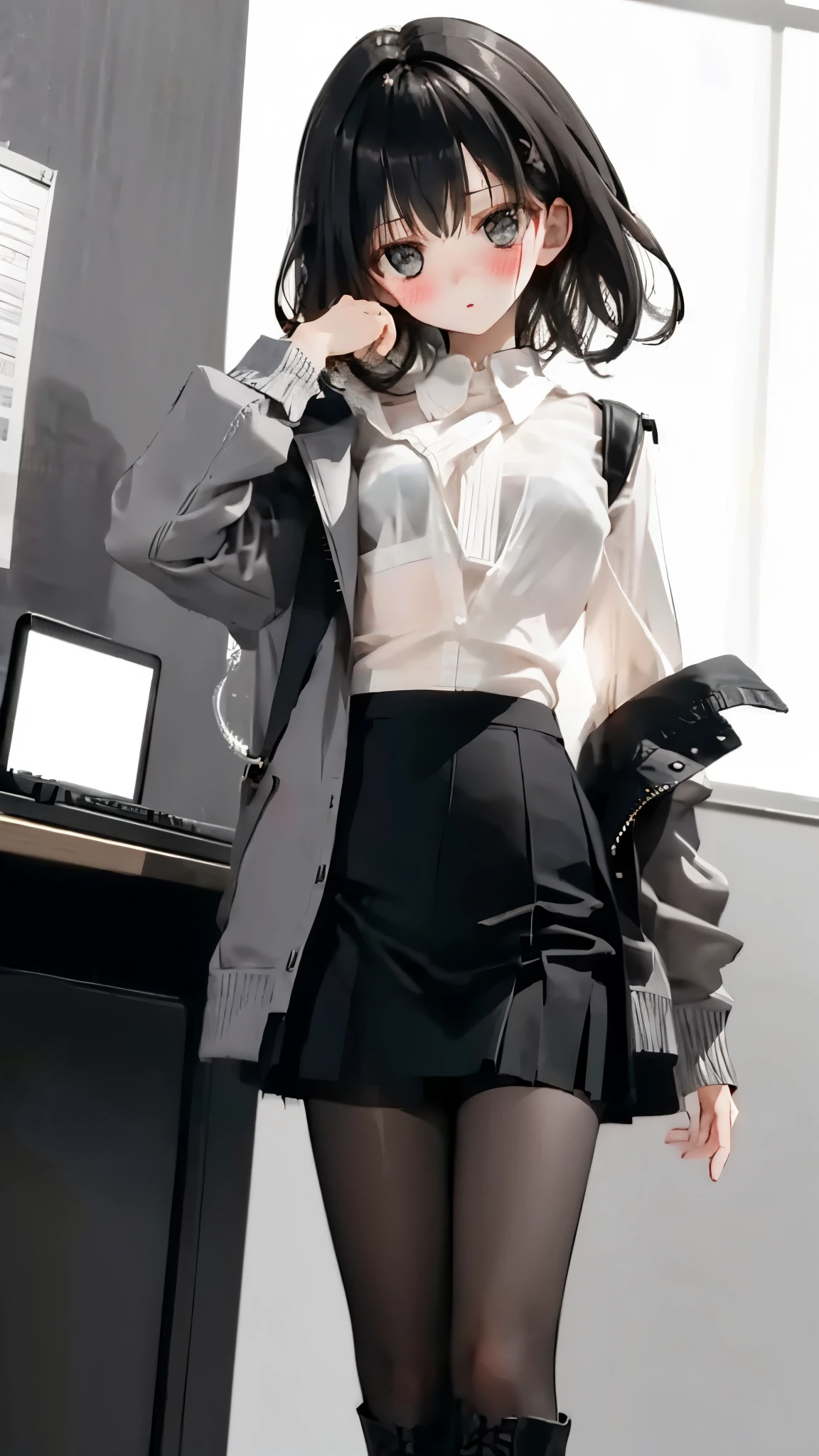 Girl with short dark hair ,Shy, blush, A young brunette girl office secretary wearing a transparent white shirt、Black office skirt and black pantyhose,Full body picture,black leather boots
