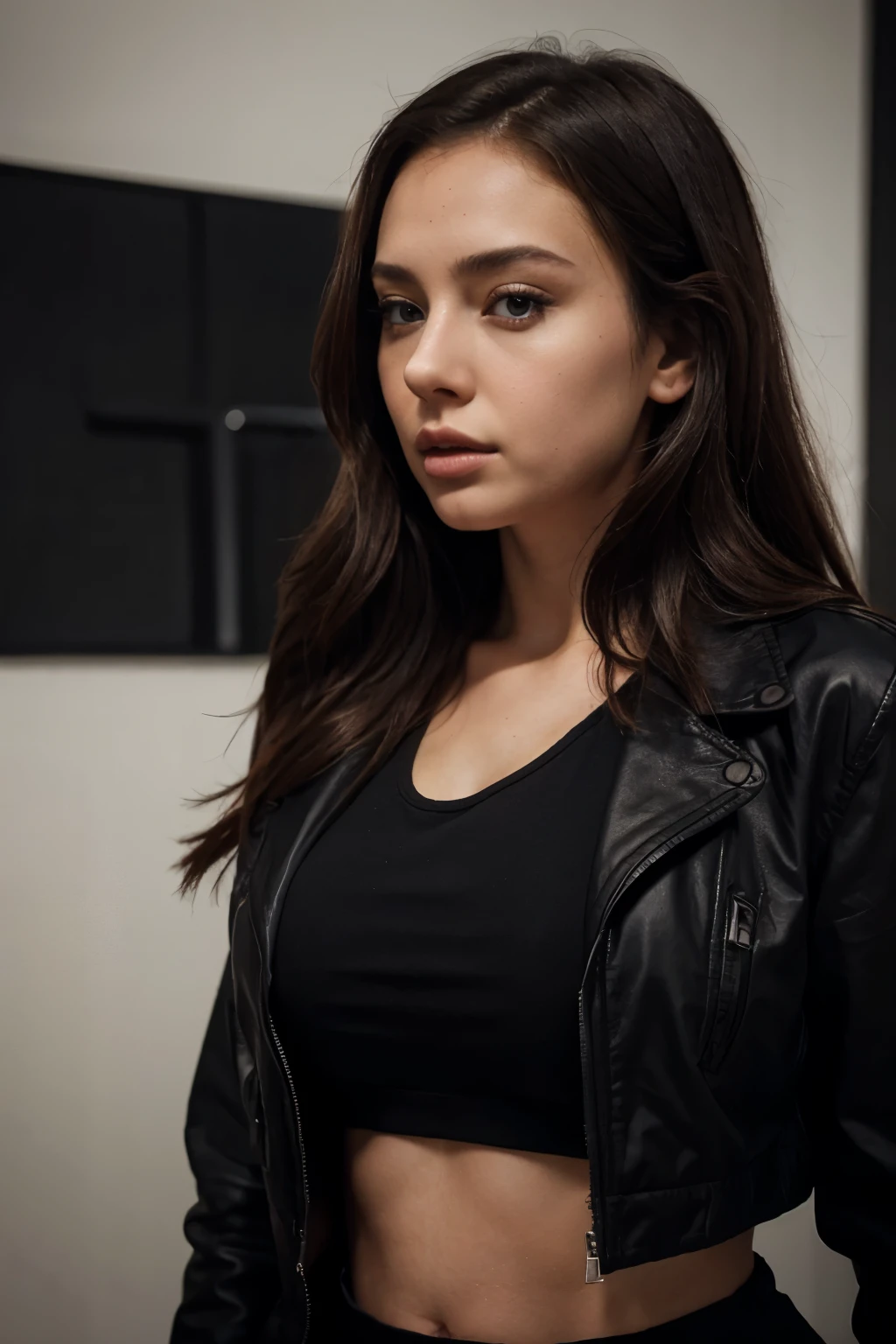 A woman with brown hair and a black blouse from her shoulders to her head, 3D