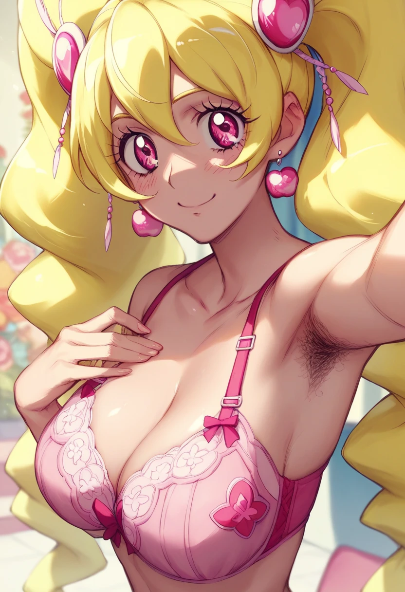 animeソース　（anime）　（ Official Art）　（ very detailed）　 high definition 　 High Quality 　 detailed background、 shiny skin、 pose、 CURE PEACH、 Big Breasts 　 pink eyes　 selfie 　blush　smile　 twin tails　 bra　Armpit hair
