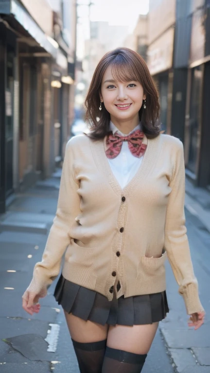 full body shot, from below,  japanese mature,  detailed face , smile, Facial wrinkles, Wrinkles around the eyes,  Detailed skin texture ,  white skin,  heavy makeup,  long hair, (curvy body,  plump thighs:1.3), (earrings, red bowtie,brown cardigan,red skirt,pleated skirt,micro miniskirt,black thighhighs:1.2), ( beautiful girl with a devilish smirk smirk and holding :1.2), ( full body shot from toe to head wearing black high heels, Standing on the sidewalk:1.2), ( surrealism, best quality, ultra detailed, absolutely resolution, 8k, anatomically correct), depth of field, looking at viewer, full body, (Inoue Seika),  detailed face 