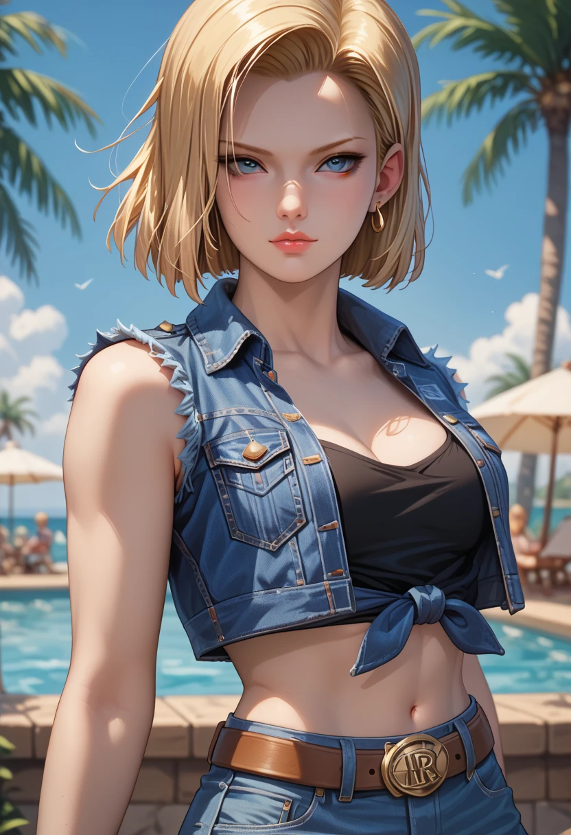 (masterpiece, best quality), 1girl, beautiful face, beautiful body,  android18, earrings, denim, belt