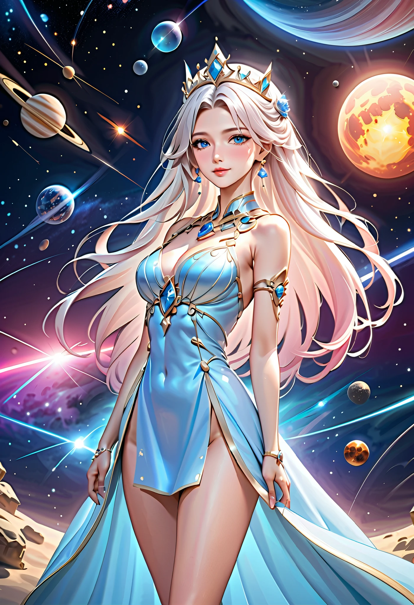 ( best quality, High image quality,  high definition , 8k), The most beautiful goddess,  Anatomically Beautiful Body , Beautiful blue eyes, Beautiful pink lips,  perfect face,  Long Silky Straight Silver Hair, whole body,  White and Light Blue Royal Tunic ,  Quartz and Sapphire Crown ,  standing, Detailed illustrated art with quiet hand and foot movements ,  look at me and smile, Celestial Bodies, planet, nebula, solar system,  starry sky , meteor,  background, 