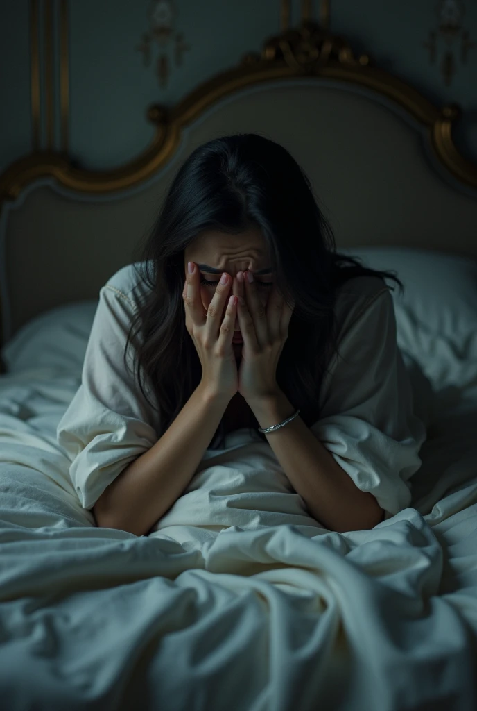 Woman crying on a bed - SeaArt AI
