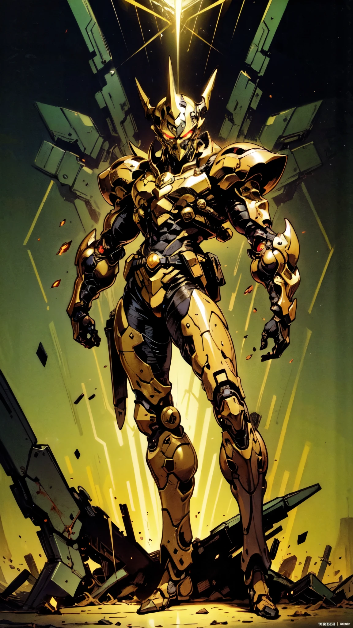 (masterpiece:1.5, best quality:1.5, extremely delicate:1.5), ((male:1.5)), a man wearing a full-face helmet, high-tech biomimetic armored combat suit, (a composite layered chest armor), the design balances heavy with agility, fully enclosed shoulder guards, matching arm and leg guards, a belt of gemstone, (the color scheme is primarily Red with Green and Yellow accents, Organic Biotech, Concept Inspired by Demon Skeleton, glowing eyes, armor glows), stand of a futuristic sci-fi city, this character embodies a finely crafted fantasy-style armored hero in anime style, exquisite and mature art style, metallic, high definition, highres, ultra-detailed, ultra-fine painting, professional, perfect body proportions, golden ratio, anatomically correct, symmetrical face, extremely detailed eyes and face, high quality eyes, creativity, RAW photo, UHD, 32k, Natural light, cinematic lighting, (masterpiece-anatomy-perfect:1.2)