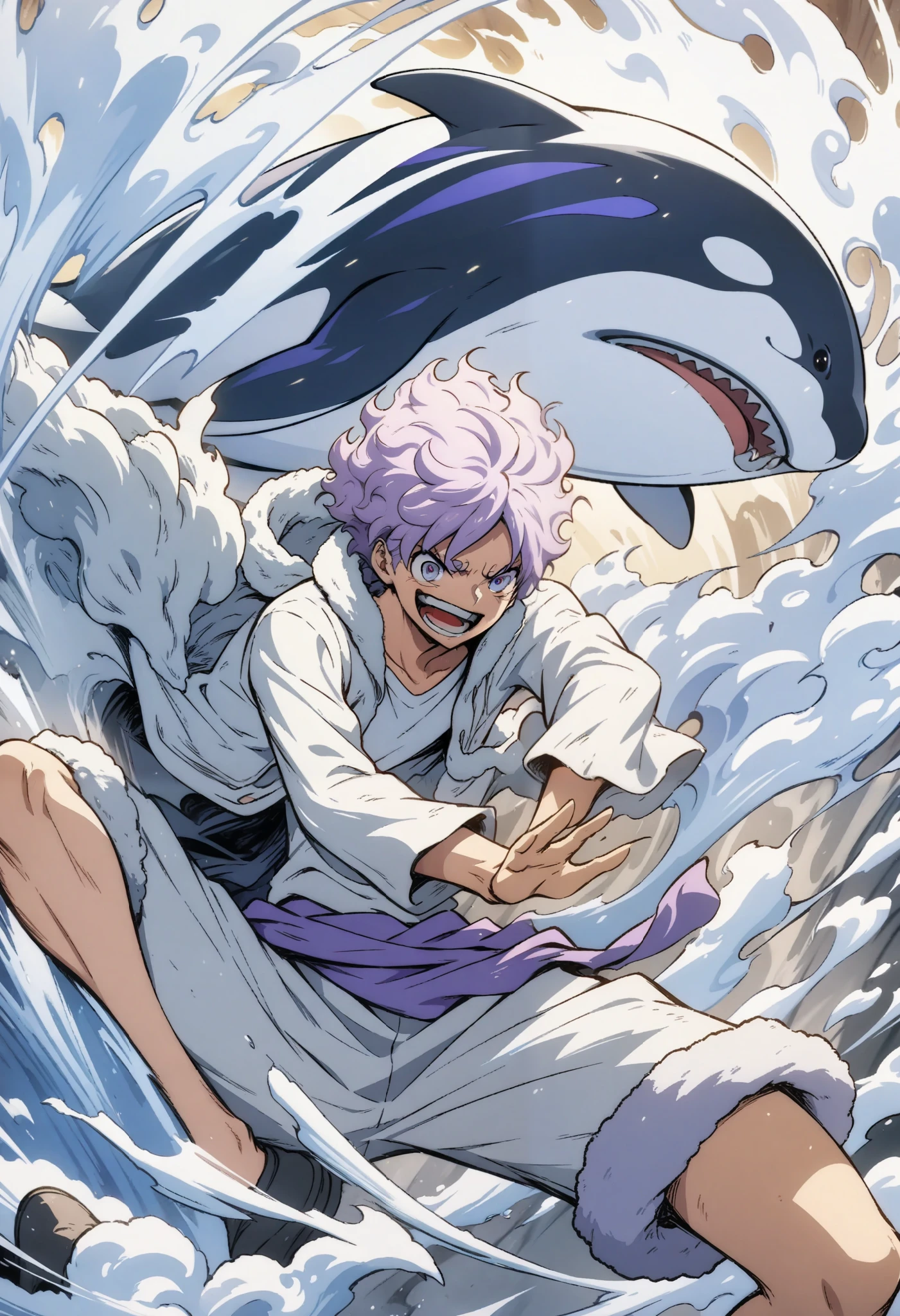Anime illustration of a killer whale and a boy. Purple hair, deco, short hair, white jumper with fur, pointed sunglasses, dynamic pose, masterpiece, highest quality, highly detailed CG Unity 8K wallpaper,