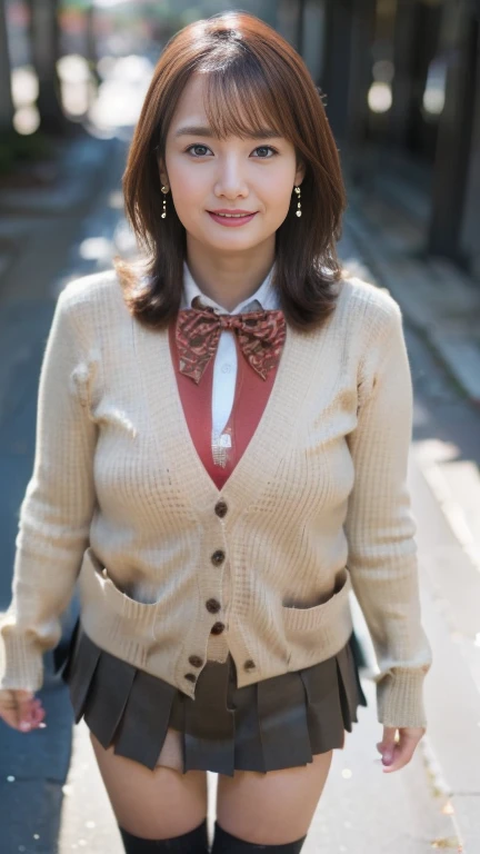 full body shot, from below,  japanese mature,  detailed face , smile, Facial wrinkles, Wrinkles around the eyes,  Detailed skin texture ,  white skin,  heavy makeup,  long hair, (curvy body,  plump thighs:1.3), (earrings, red bowtie,brown cardigan,red skirt,pleated skirt,micro miniskirt,black thighhighs:1.2), ( beautiful girl with a devilish smirk smirk and holding :1.2), ( full body shot from toe to head wearing black high heels, Standing on the sidewalk:1.2), ( surrealism, best quality, ultra detailed, absolutely resolution, 8k, anatomically correct), depth of field, looking at viewer, full body, (Inoue Seika),  detailed face 