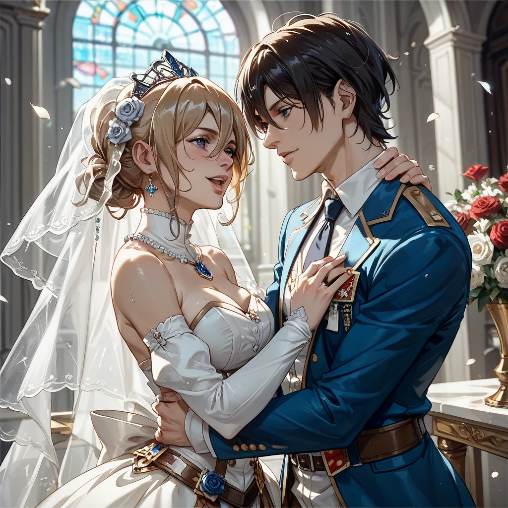 Couple of man and woman getting married. Personal:
Women, redhead, slanted eyes Korean beauty, mixed biracial, round face, wavy hair with bangs, green eyes, natural makeup, with dwarf, big tits, sexy buxom, medieval maiden, medieval fantasy, white dress with blue embroidery and in the center of the dress Coat of Arms a New Moon, Crescent Moon, Full Moon and Waning Moon. White gloves, with a wedding tiara, land of rivers, kingdom, Maiden getting married, with Lord Halmon Paege, a 20 year old brown camel man with blonde highlights, tall, muscular, corpulent with white European skin, blue eyes, family crest Two twin snakes of silver and gules on a sable field, the shield is black, red and white, protective knight about to get married, marriage on the outside.