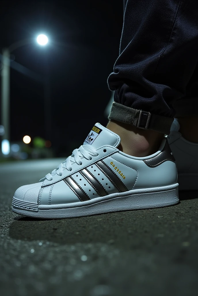 pov  shot of stomping on ciggerates with grunge aesthetic, white adidas superstars 1995 picture quality,grain, street concrete,night time, camera flash , old picture quality ,dark setting,dark lighting,dramatic moody
